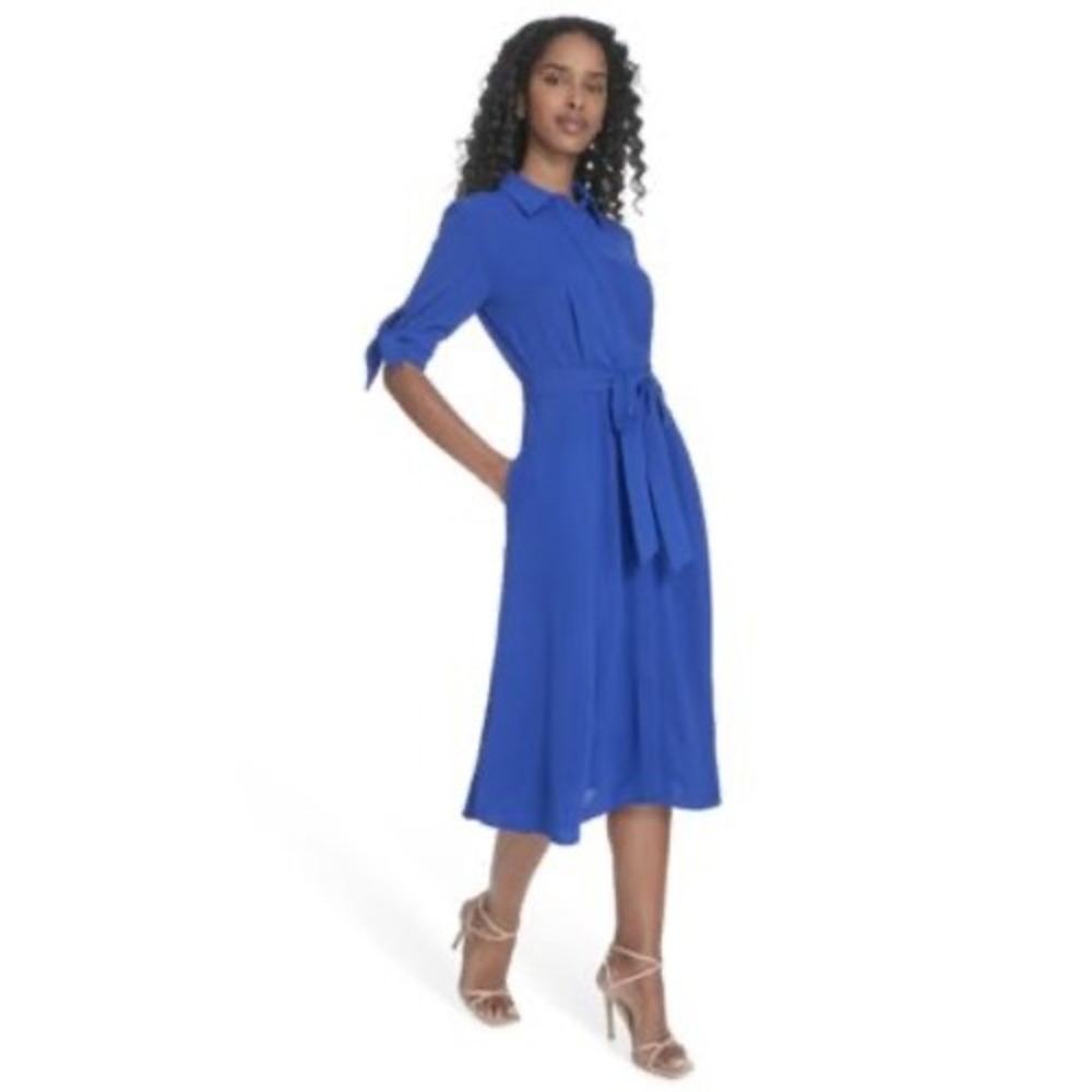 Calvin Klein Womens Royal Blue Tie Sleeve Belted Midi Shirt Dress NWT Size 8